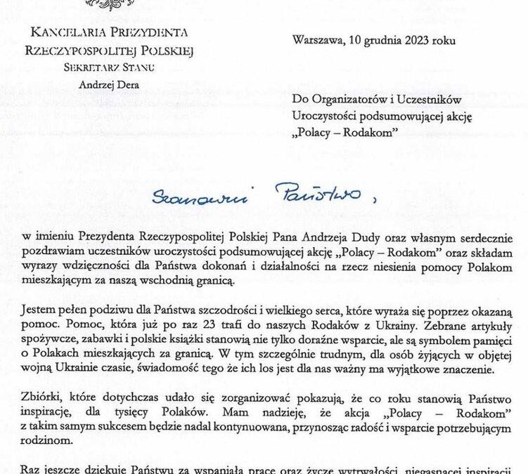 Pismo z Kancelarii Prezydenta Rzeczypospolitej Polskiej